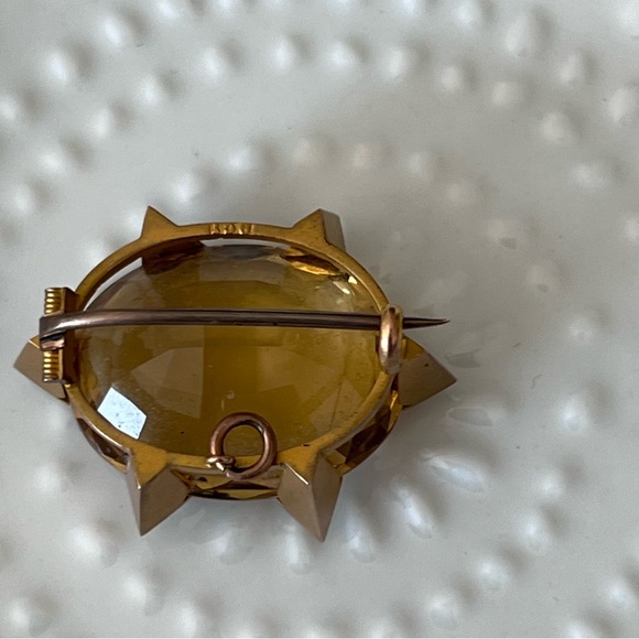 Citrine Brooch/Pendant. Large gem with a 9 carat gold starburst frame. Antique - Picture 3 of 5